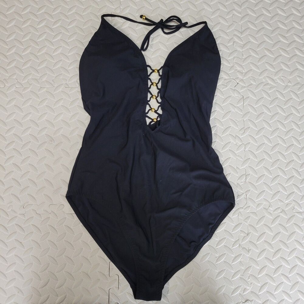 Red Carter Swimsuit Size 8‎ Medium Black One Piece Plunging Halter Neck Gold NWT